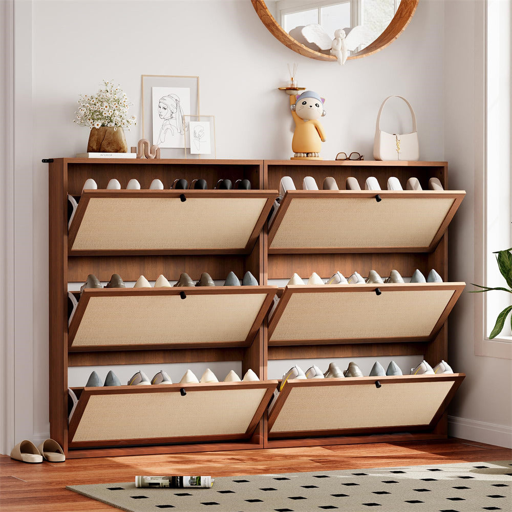 Wooden shoe rack with multiple shelves in a room setting.