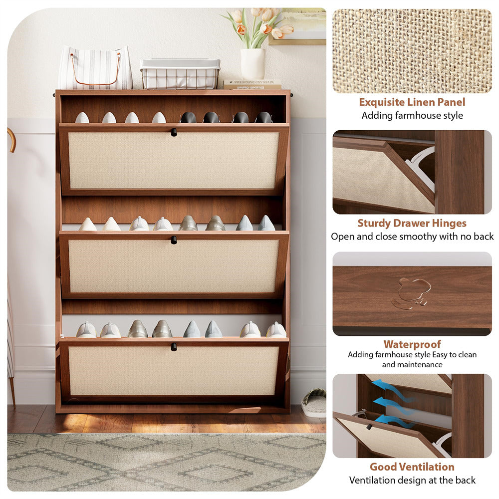 Wooden shoe rack with storage drawers, shown with close-up details on a white background.