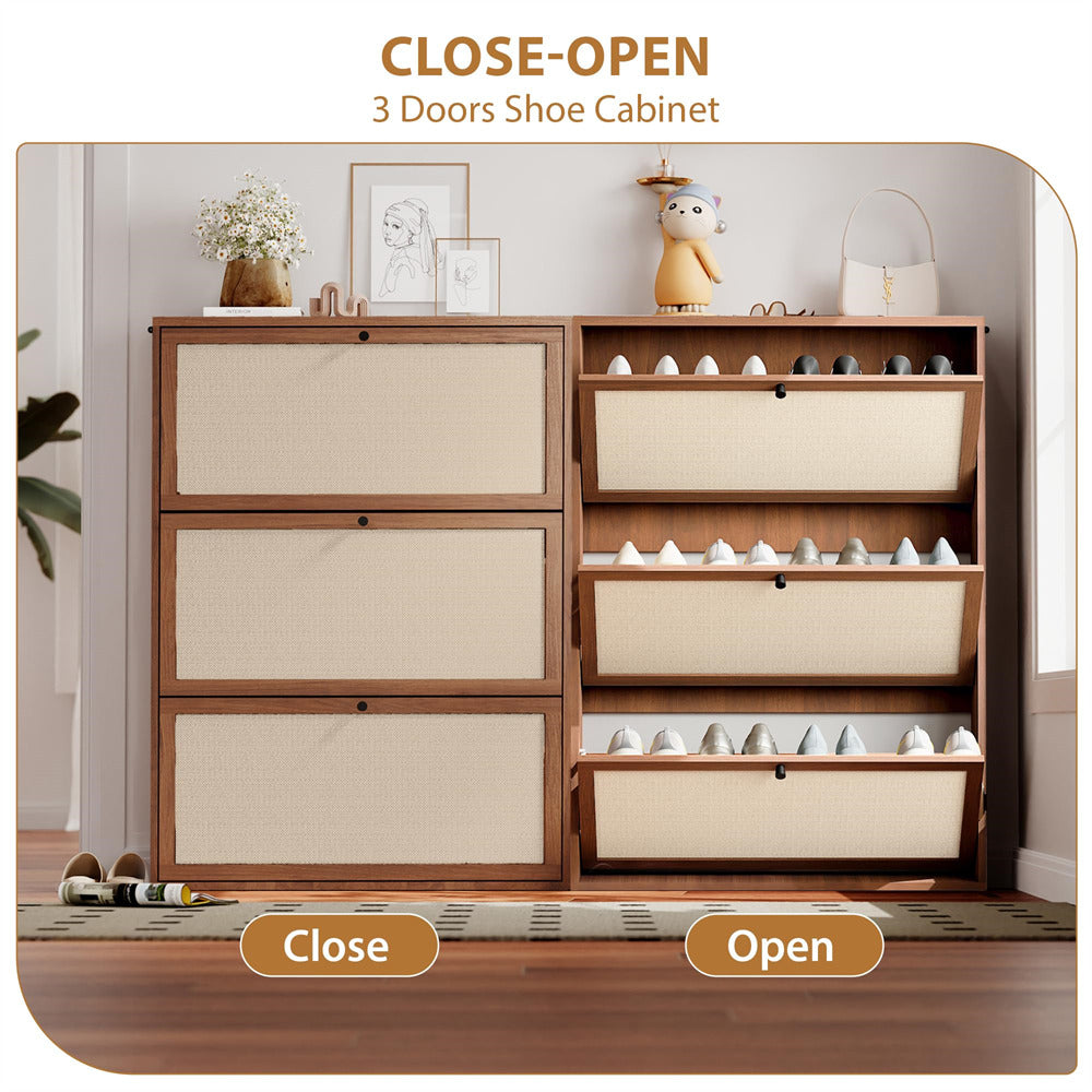 Wooden shoe cabinet with three doors, showing both closed and open states, on a neutral background.
