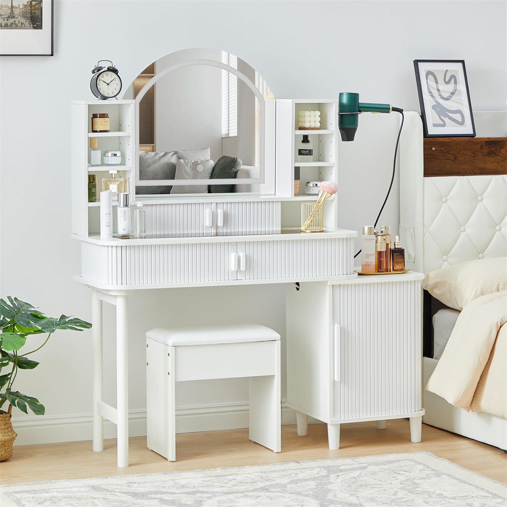 White 47" Modern Makeup Vanity Glass Tabletop with Fluted Sliding Doors and Charging Station