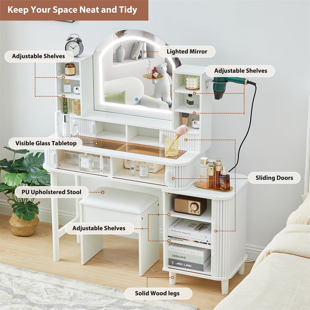 White 47" Modern Makeup Vanity Glass Tabletop with Fluted Sliding Doors and Charging Station