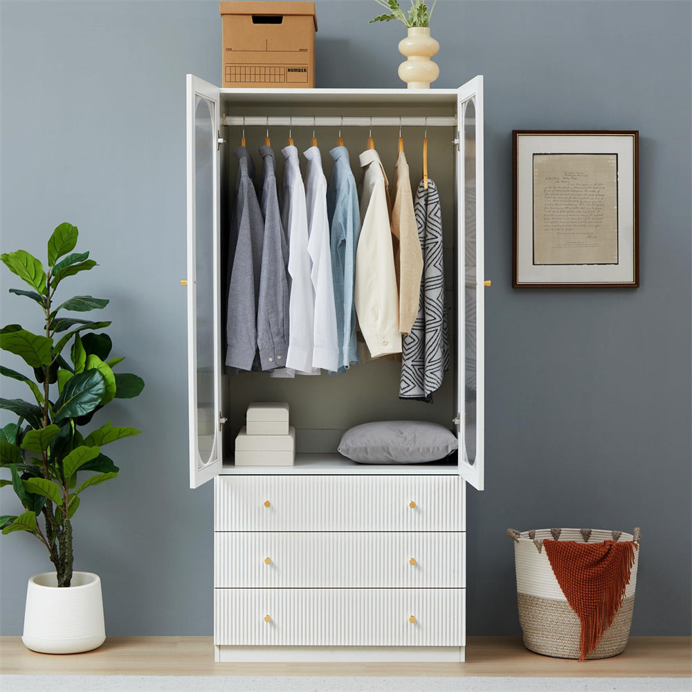 White 70" H Wardrobe Closet with 2 Glass Doors and 3 Fluted Drawers