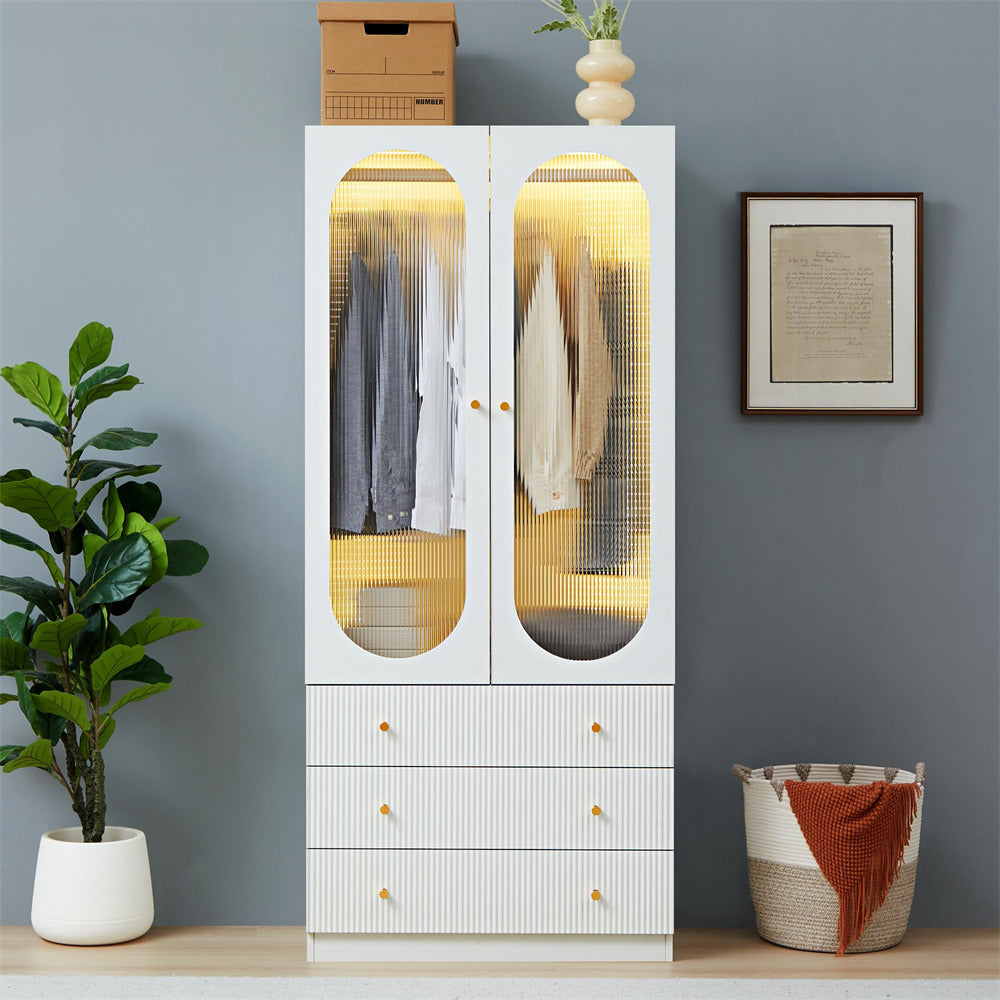 White 70" H Wardrobe Closet with 2 Glass Doors and 3 Fluted Drawers