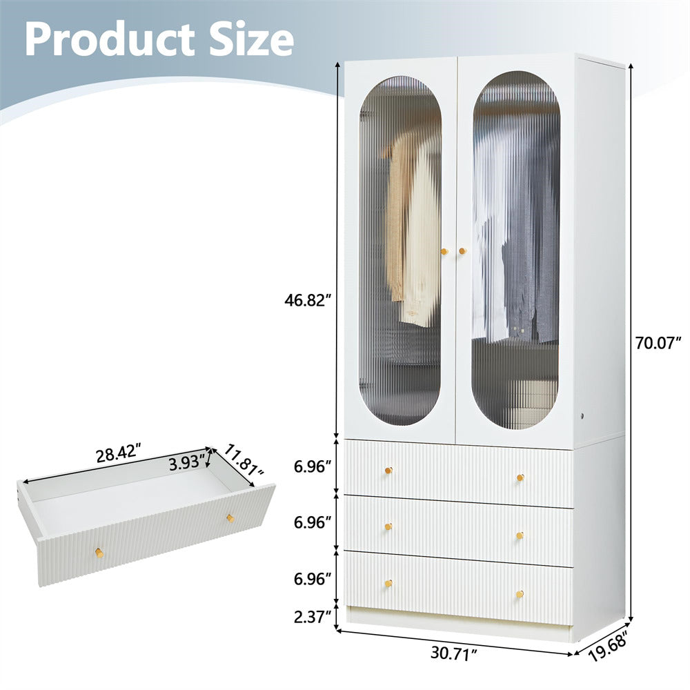 White 70" H Wardrobe Closet with 2 Glass Doors and 3 Fluted Drawers