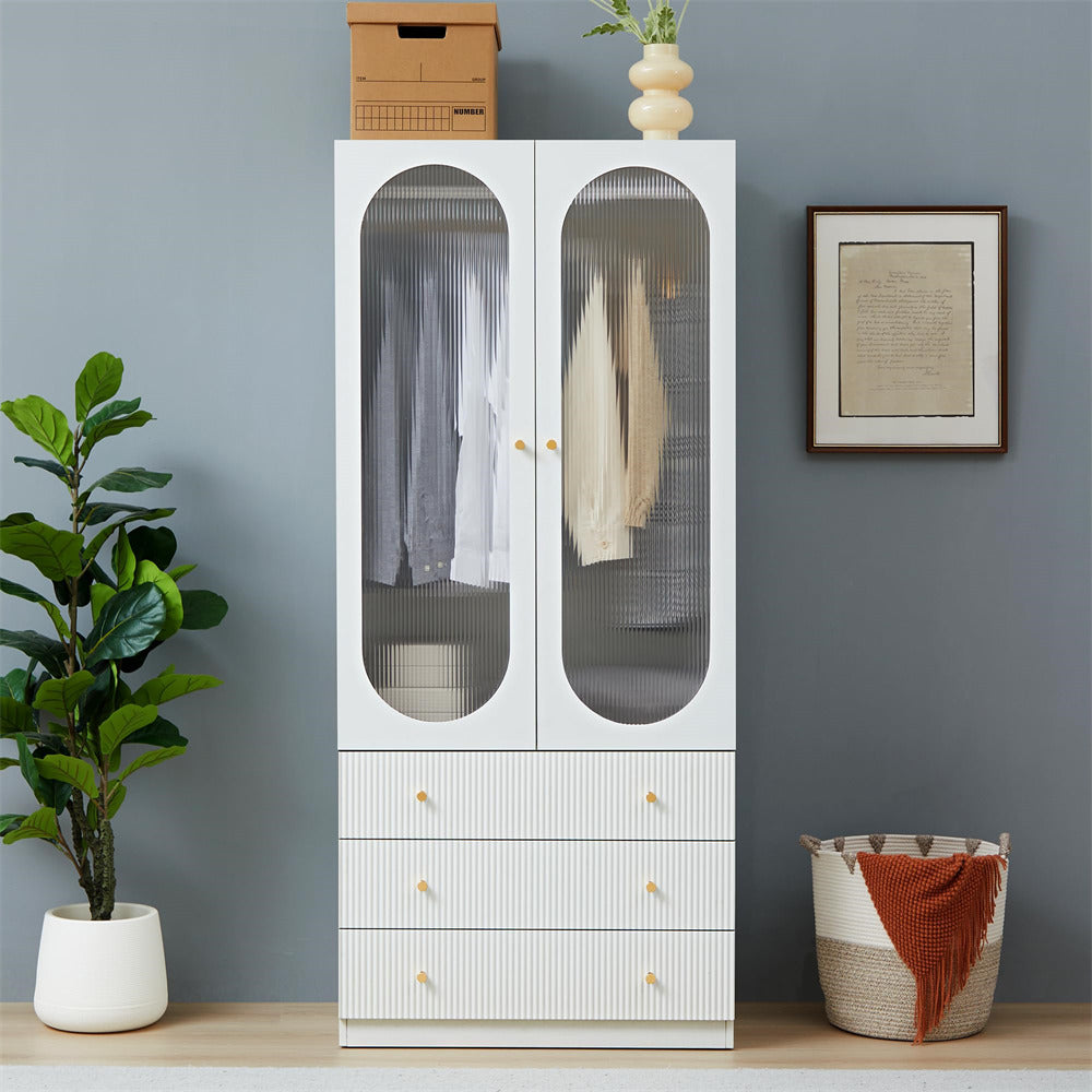 White 70" H Wardrobe Closet with 2 Glass Doors and 3 Fluted Drawers