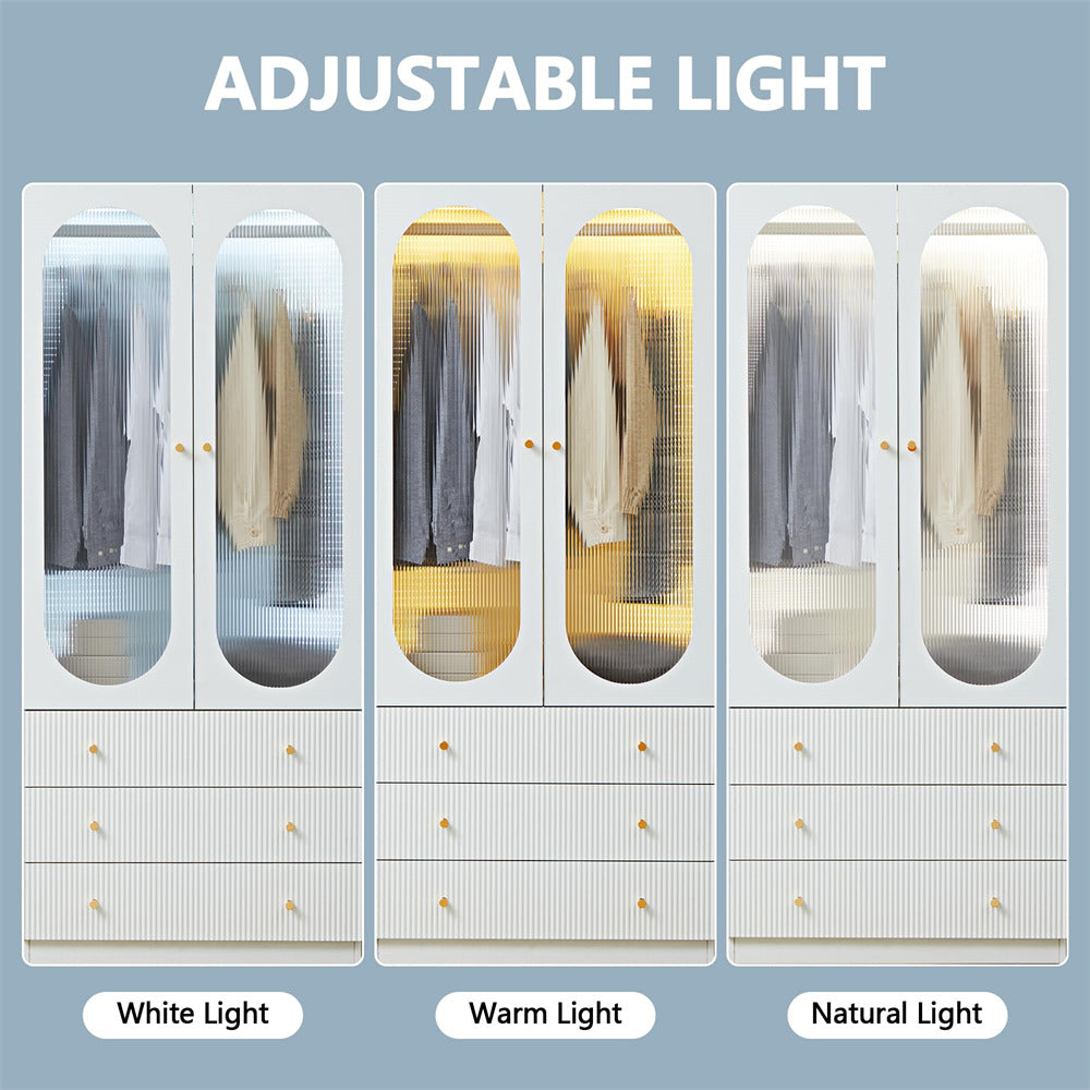 White 70" H Wardrobe Closet with 2 Glass Doors and 3 Fluted Drawers