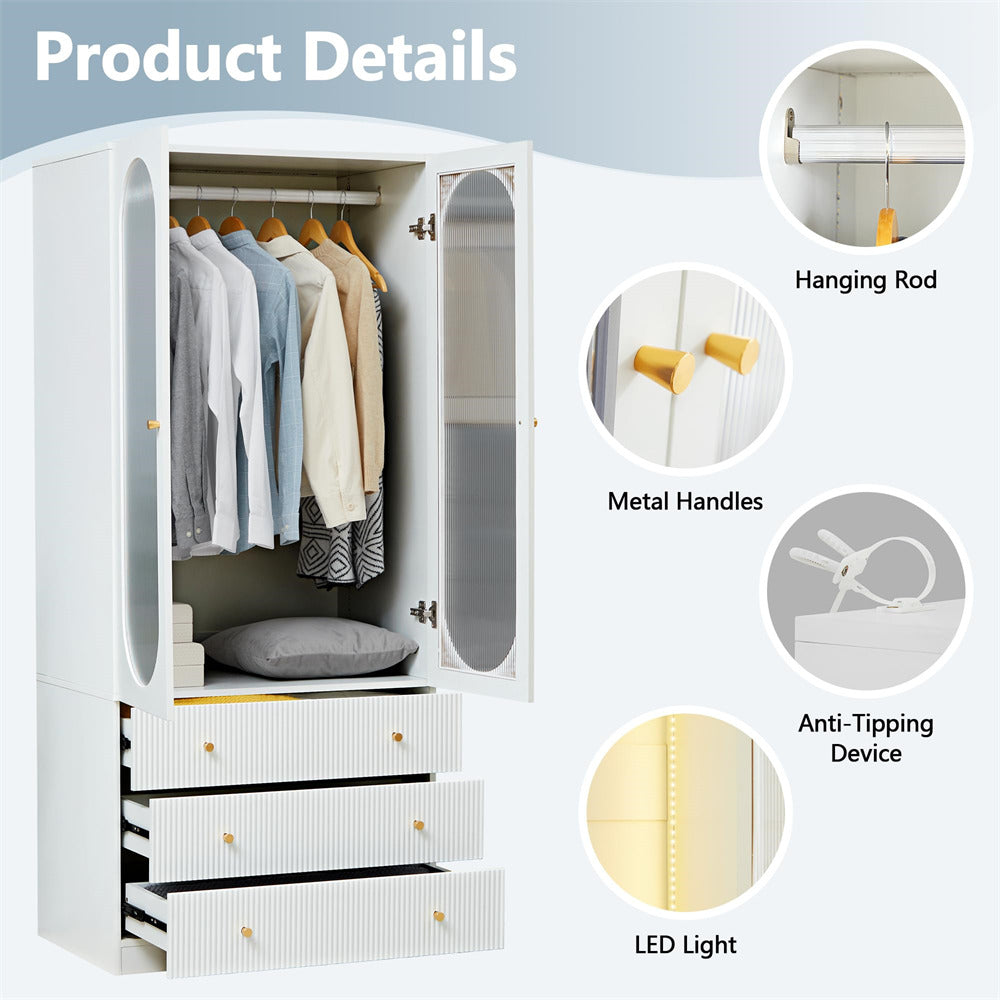 White 70" H Wardrobe Closet with 2 Glass Doors and 3 Fluted Drawers