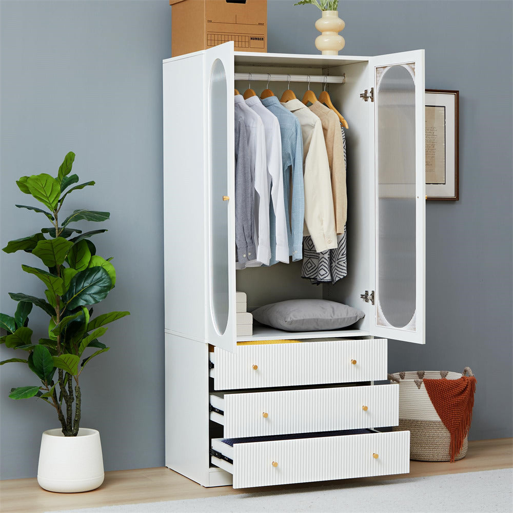 White 70" H Wardrobe Closet with 2 Glass Doors and 3 Fluted Drawers