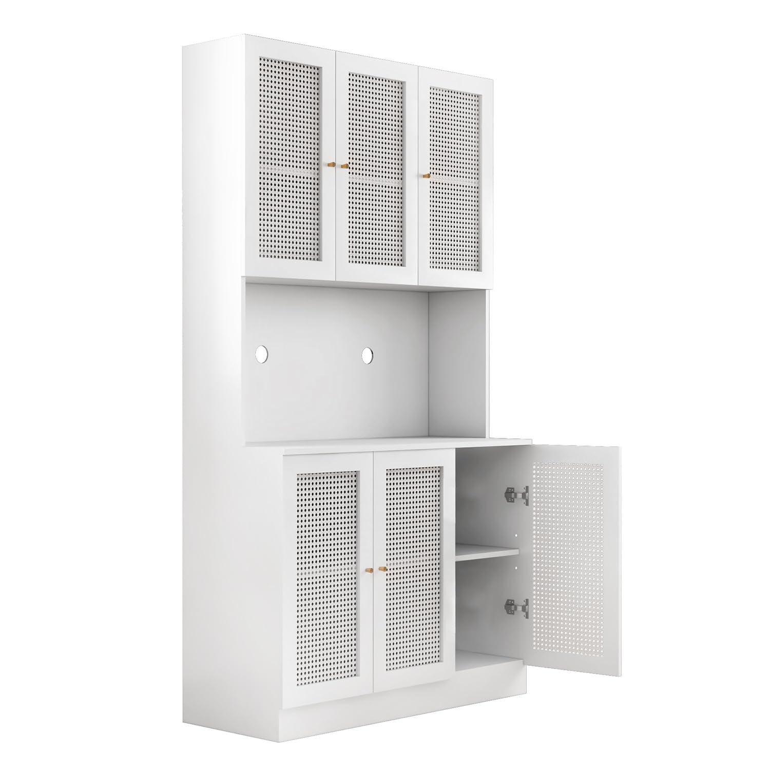 White 70"Tall Freestanding Metal Rattan Cabinet Kitchen Pantry Cabinet with 6 Doors