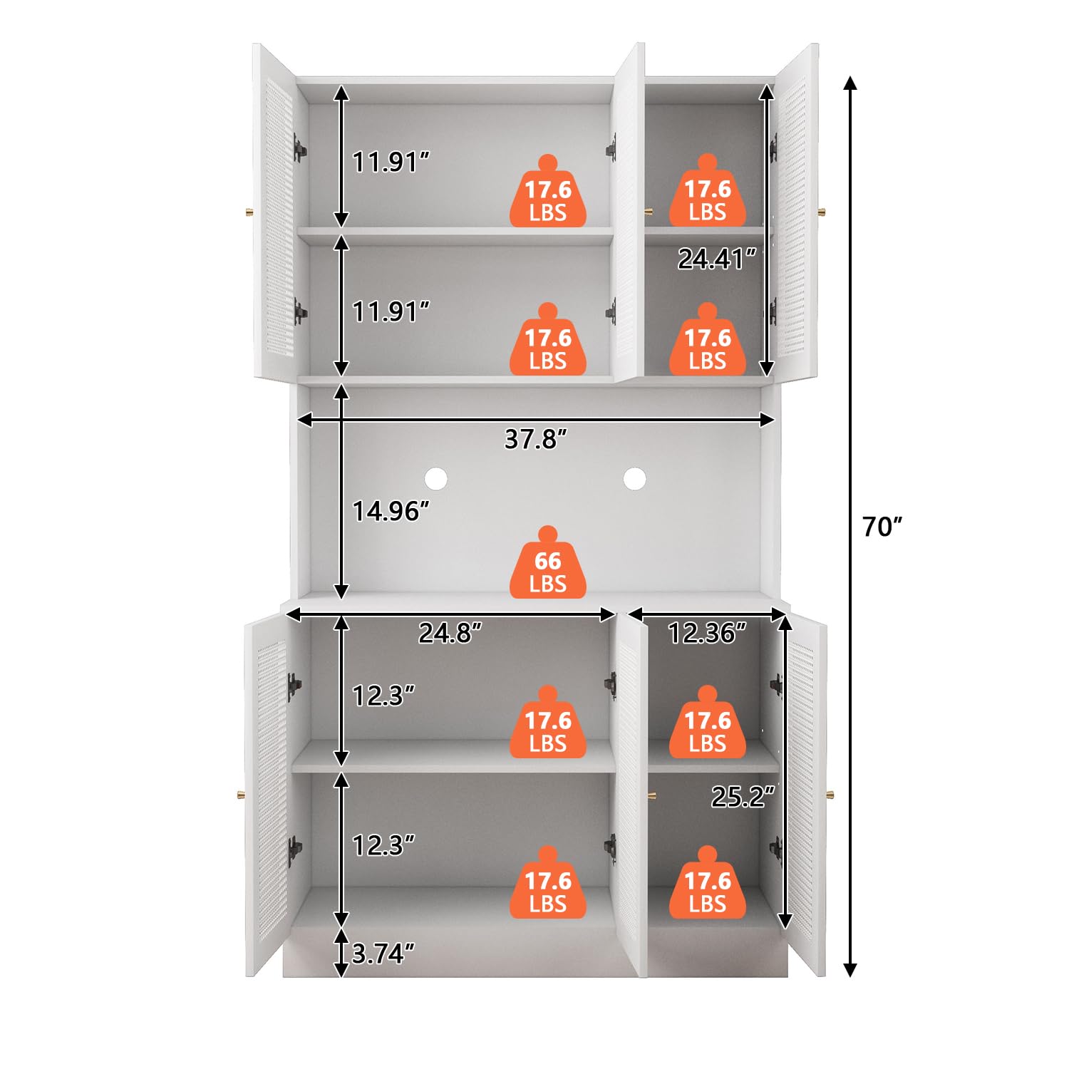 White 70"Tall Freestanding Metal Rattan Cabinet Kitchen Pantry Cabinet with 6 Doors