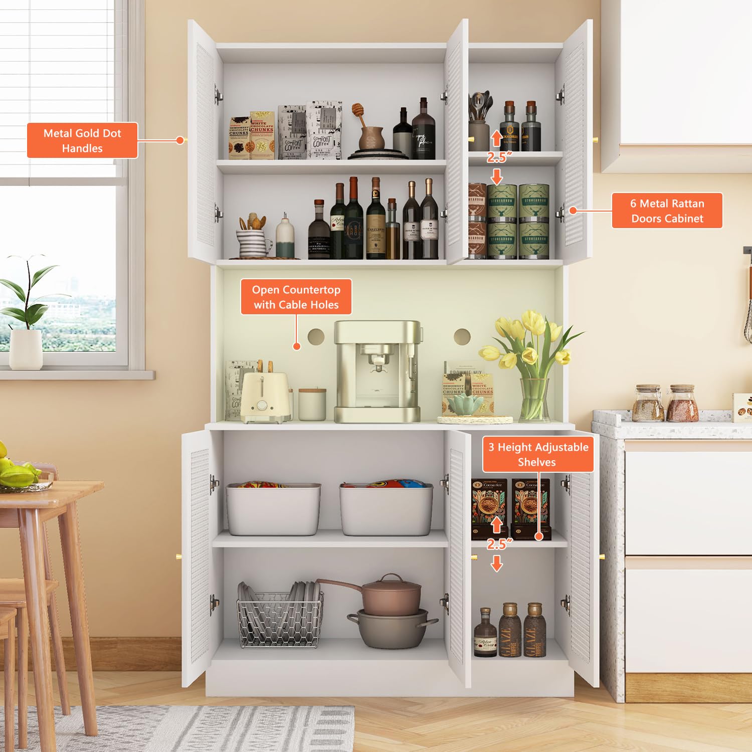 White 70"Tall Freestanding Metal Rattan Cabinet Kitchen Pantry Cabinet with 6 Doors