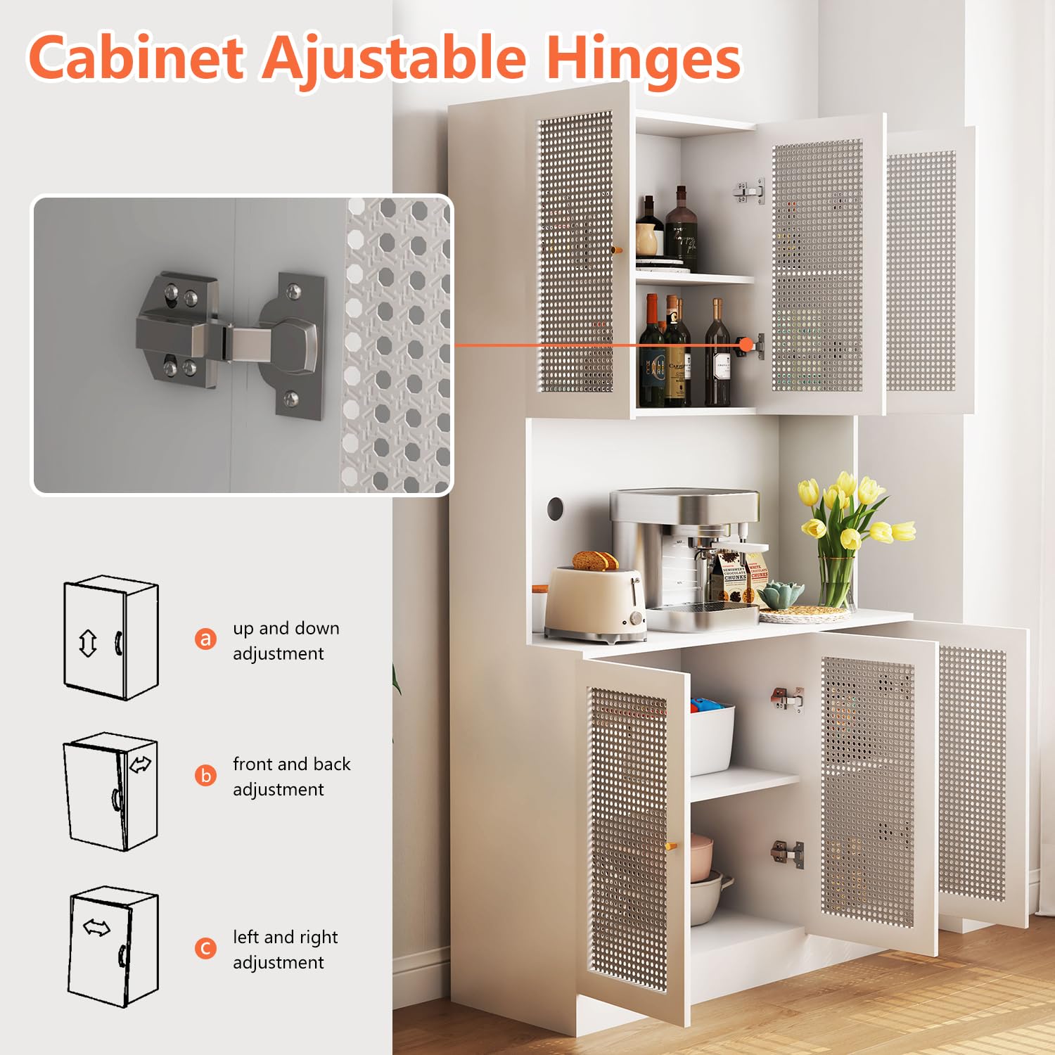 White 70"Tall Freestanding Metal Rattan Cabinet Kitchen Pantry Cabinet with 6 Doors