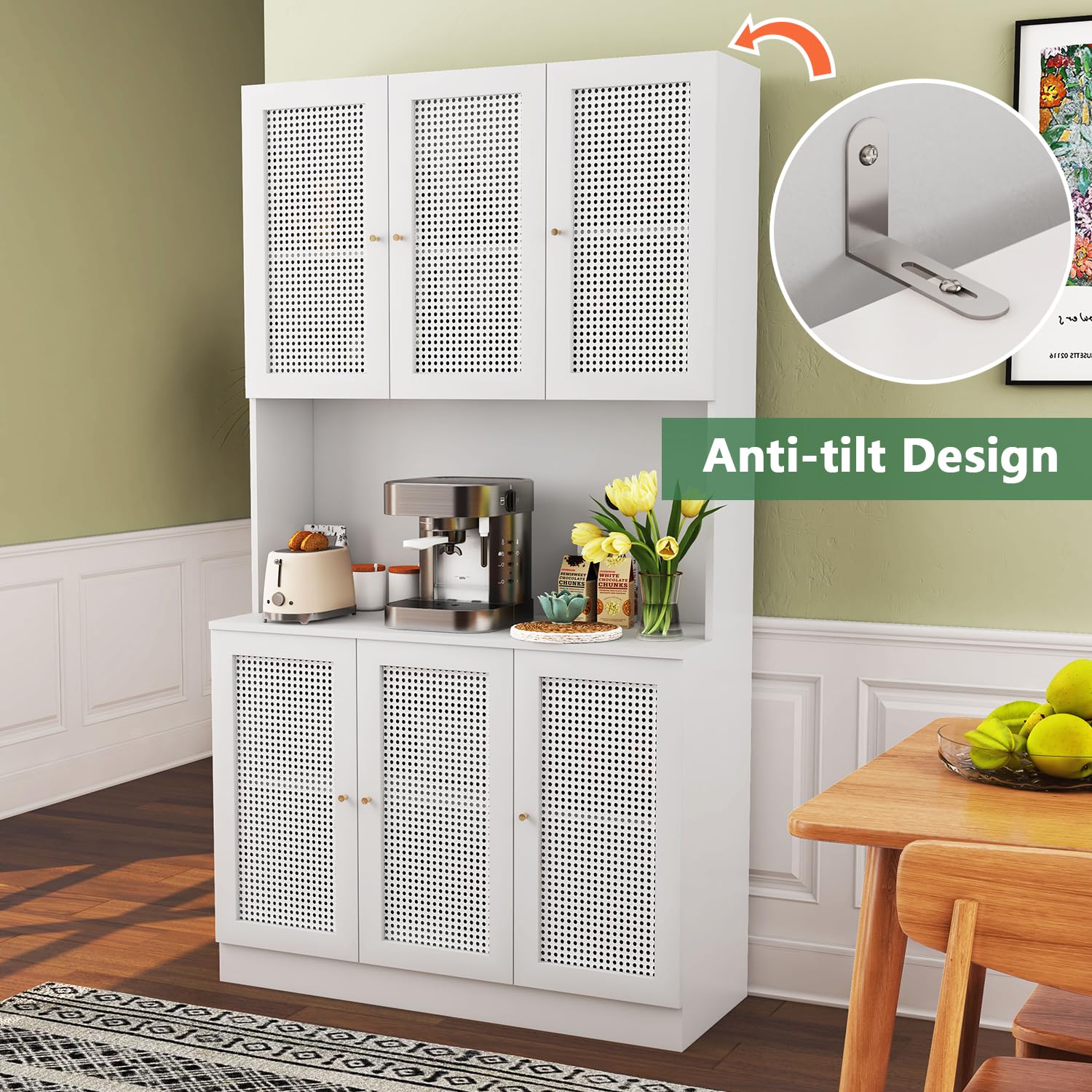 White 70"Tall Freestanding Metal Rattan Cabinet Kitchen Pantry Cabinet with 6 Doors