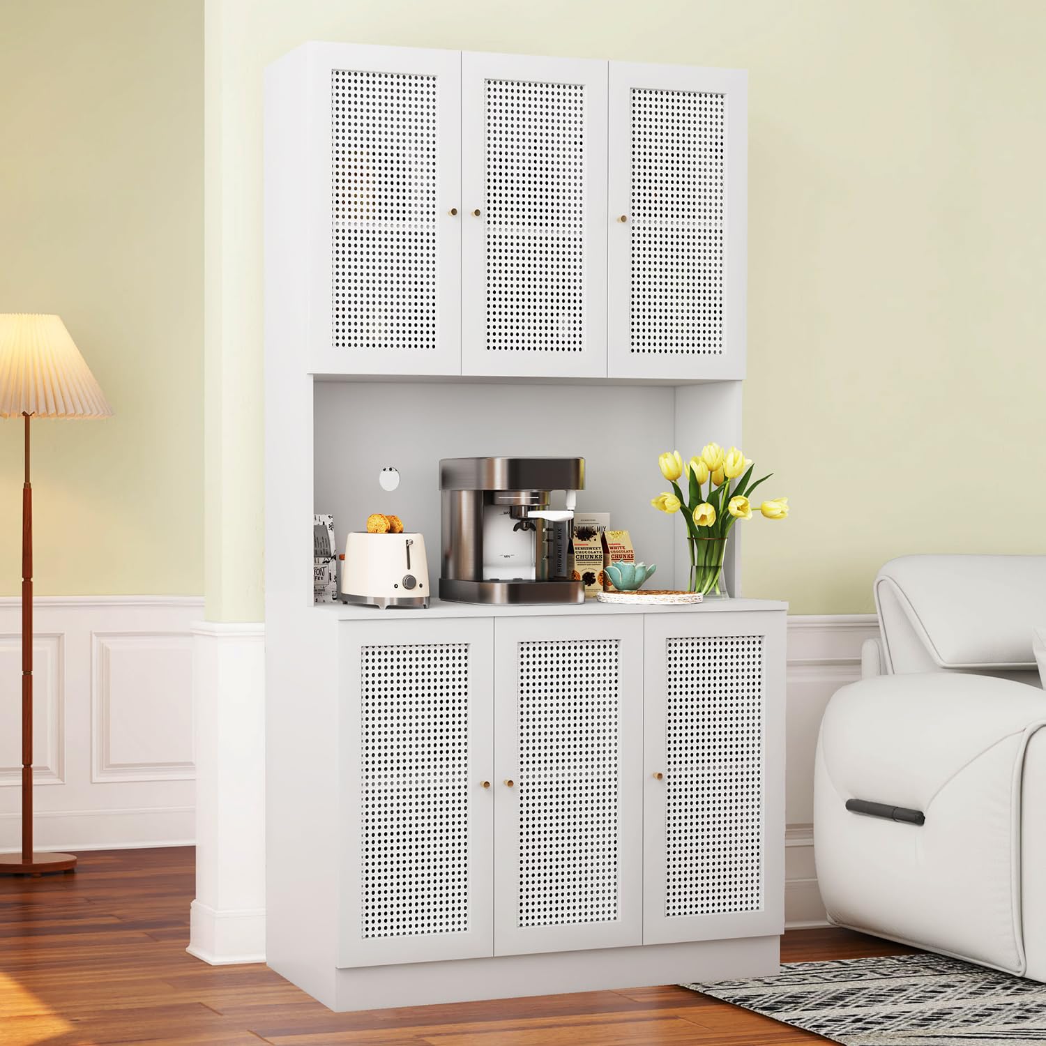 White 70"Tall Freestanding Metal Rattan Cabinet Kitchen Pantry Cabinet with 6 Doors