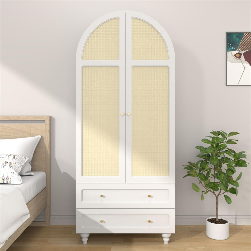 White 74.8” Tall Wardrobe Storage Cabinet Rattan Freestanding Armoire with 2 Drawers and Hanging Rod