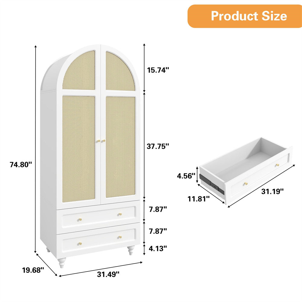 White 74.8” Tall Wardrobe Storage Cabinet Rattan Freestanding Armoire with 2 Drawers and Hanging Rod