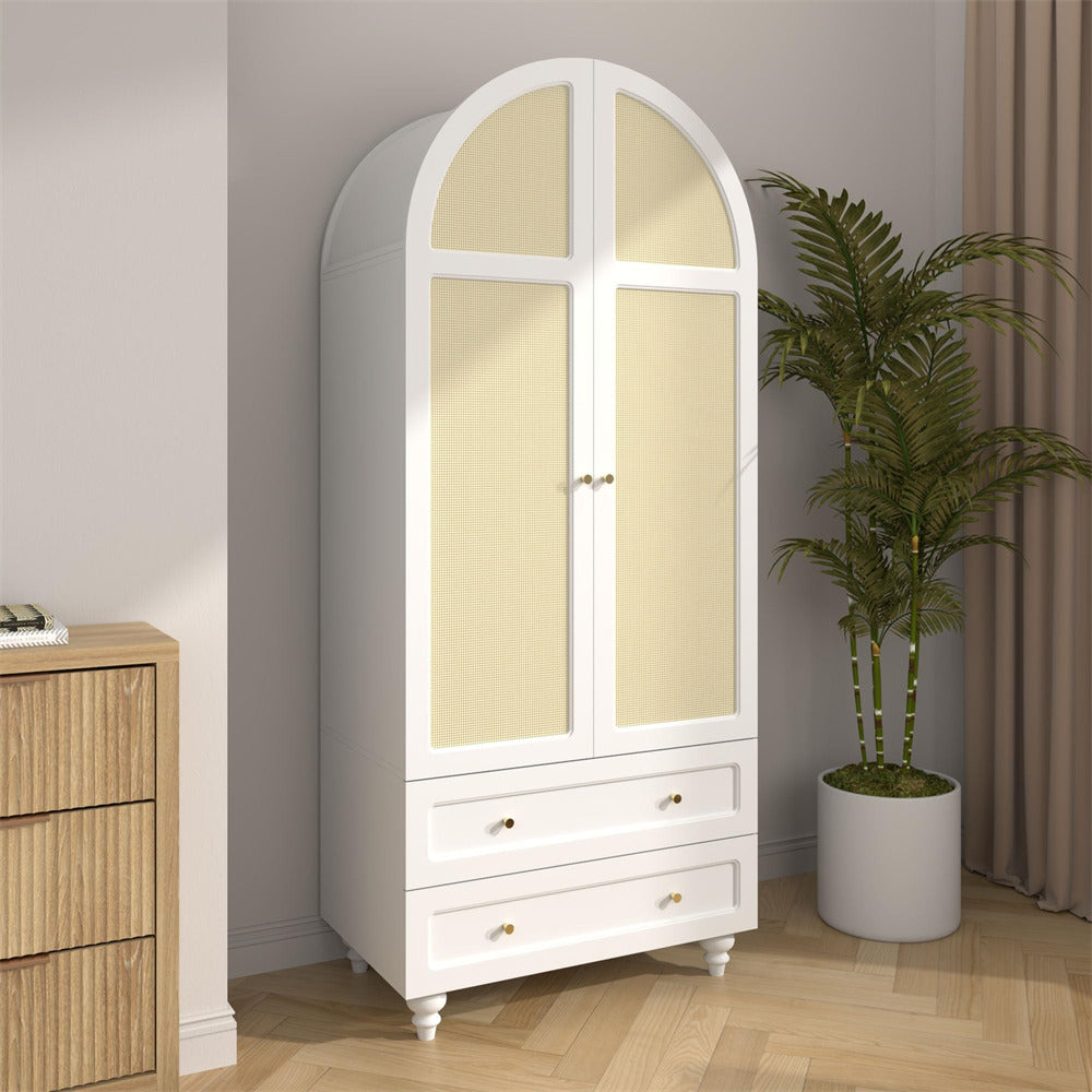 White 74.8” Tall Wardrobe Storage Cabinet Rattan Freestanding Armoire with 2 Drawers and Hanging Rod