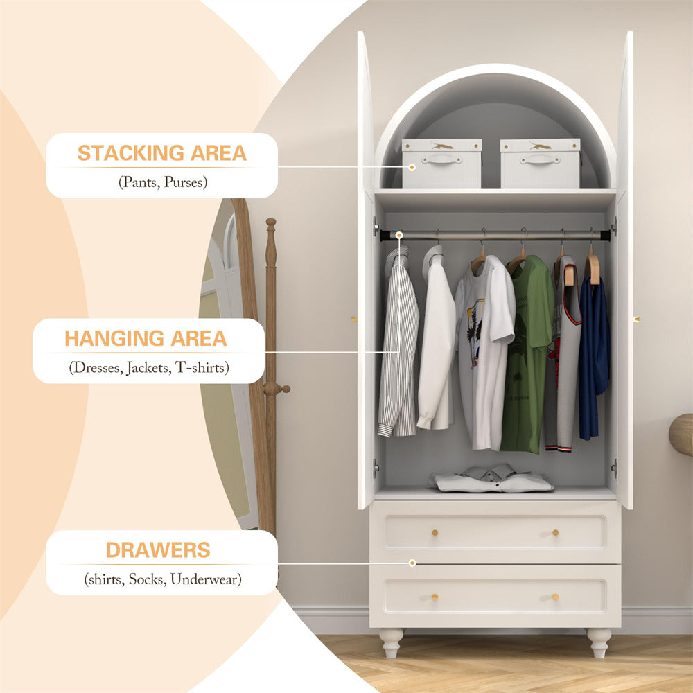 White 74.8” Tall Wardrobe Storage Cabinet Rattan Freestanding Armoire with 2 Drawers and Hanging Rod