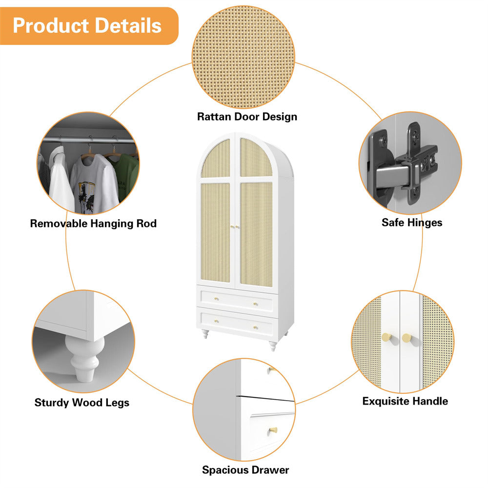 White 74.8” Tall Wardrobe Storage Cabinet Rattan Freestanding Armoire with 2 Drawers and Hanging Rod
