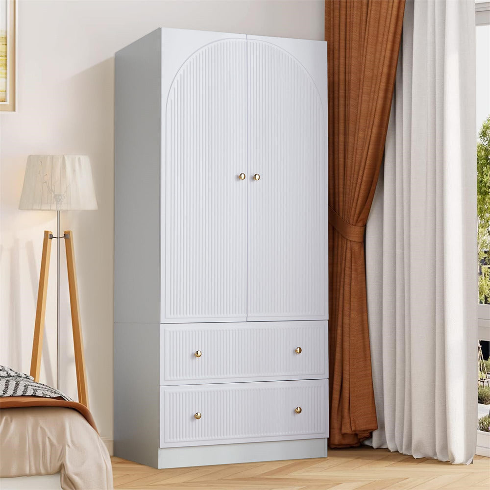White Freestanding Wooden Armoire Wardrobe Closet with 2 Storage Drawers