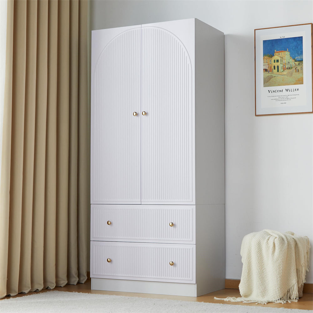 White Freestanding Wooden Armoire Wardrobe Closet with 2 Storage Drawers