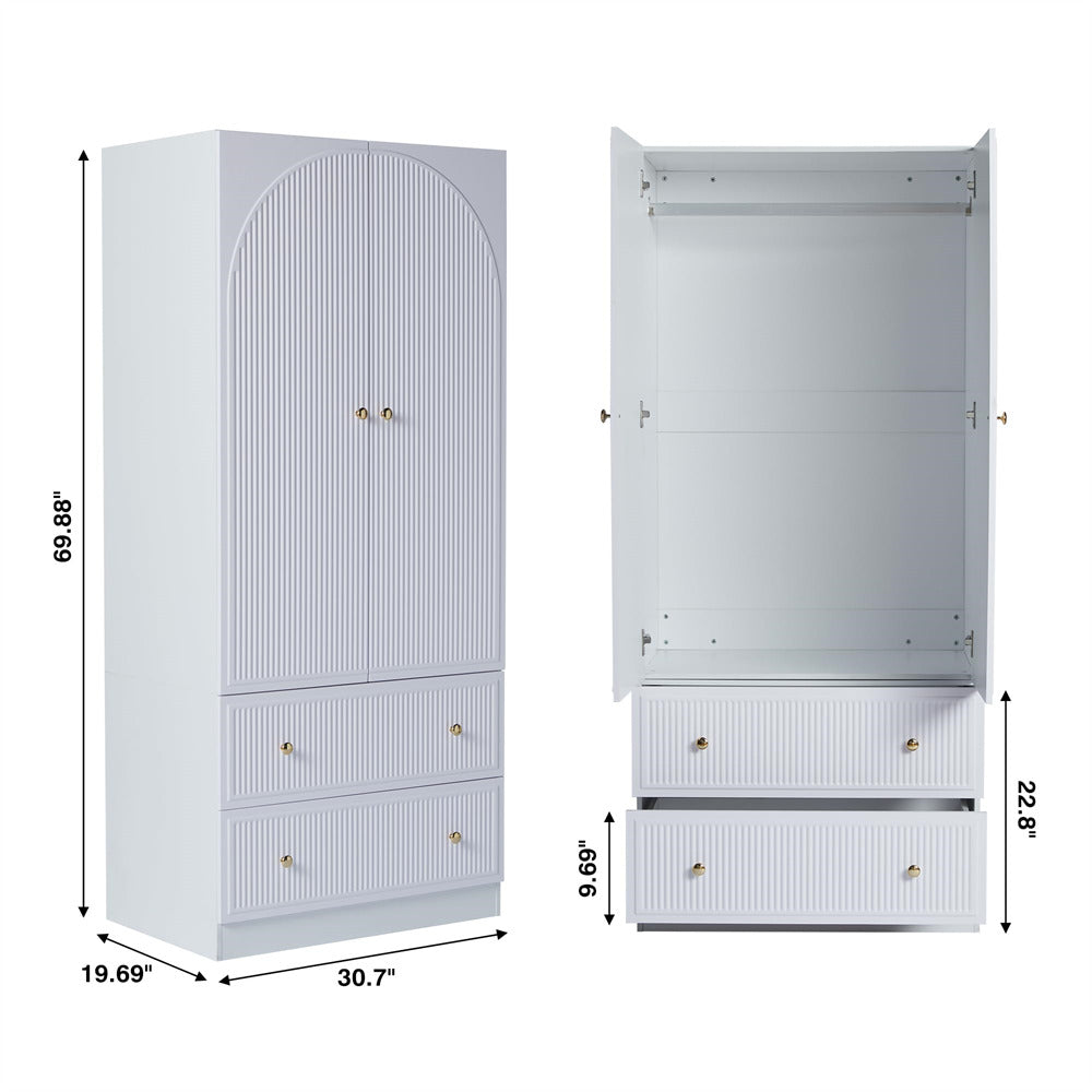 White Freestanding Wooden Armoire Wardrobe Closet with 2 Storage Drawers Size