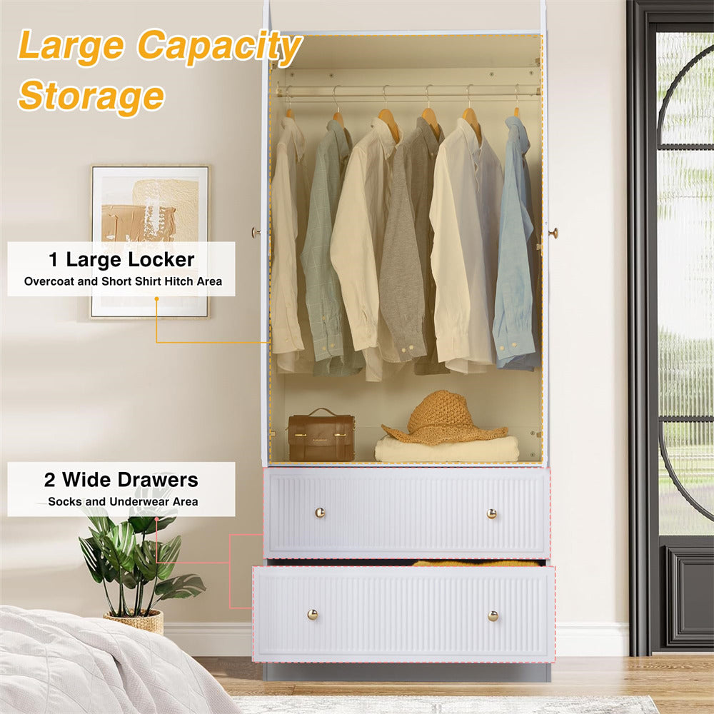 White Freestanding Wooden Armoire Wardrobe Closet with 2 Storage Drawers