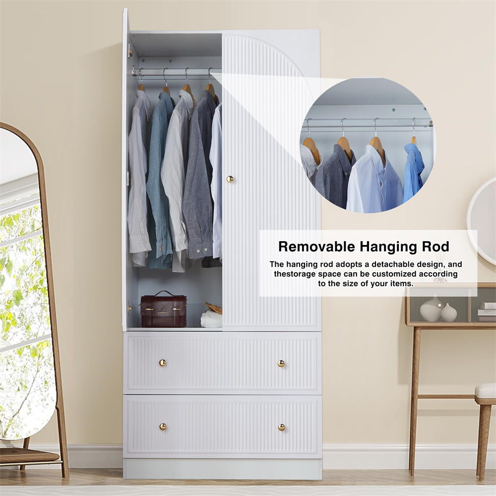 White Freestanding Wooden Armoire Wardrobe Closet with 2 Storage Drawers