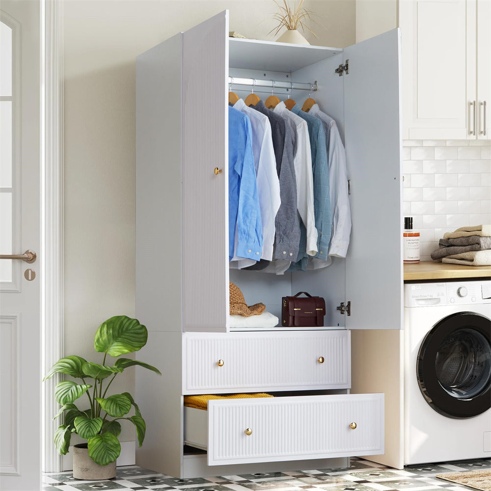 White Freestanding Wooden Armoire Wardrobe Closet with 2 Storage Drawers