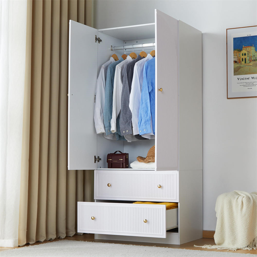 White Freestanding Wooden Armoire Wardrobe Closet with 2 Storage Drawers
