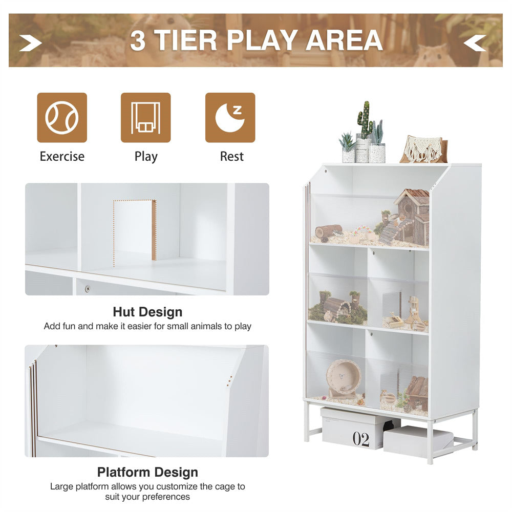 White Large Wooden Hamster Cage with 3-Tier Storage Cabinet and Openable Top