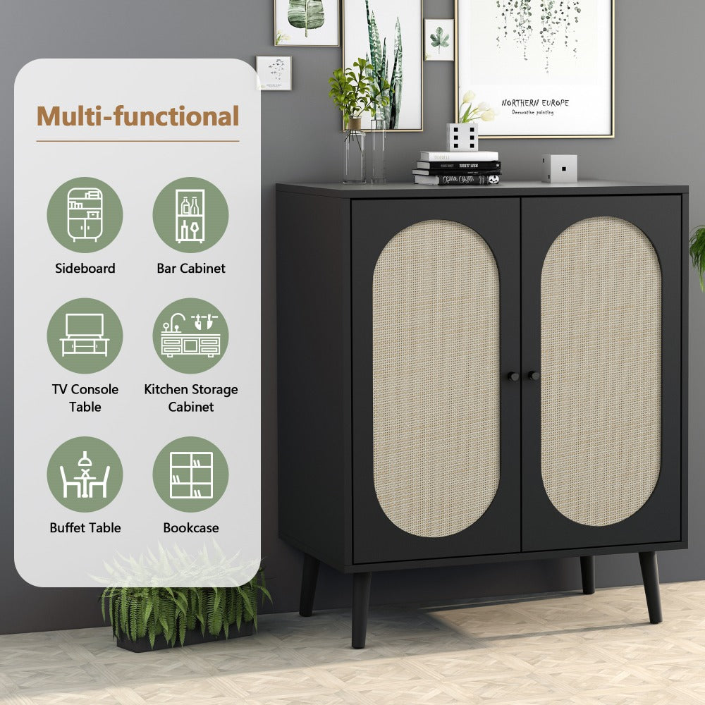 Wooden Sideboard Cabinet Black with Handmade Rattan Doors