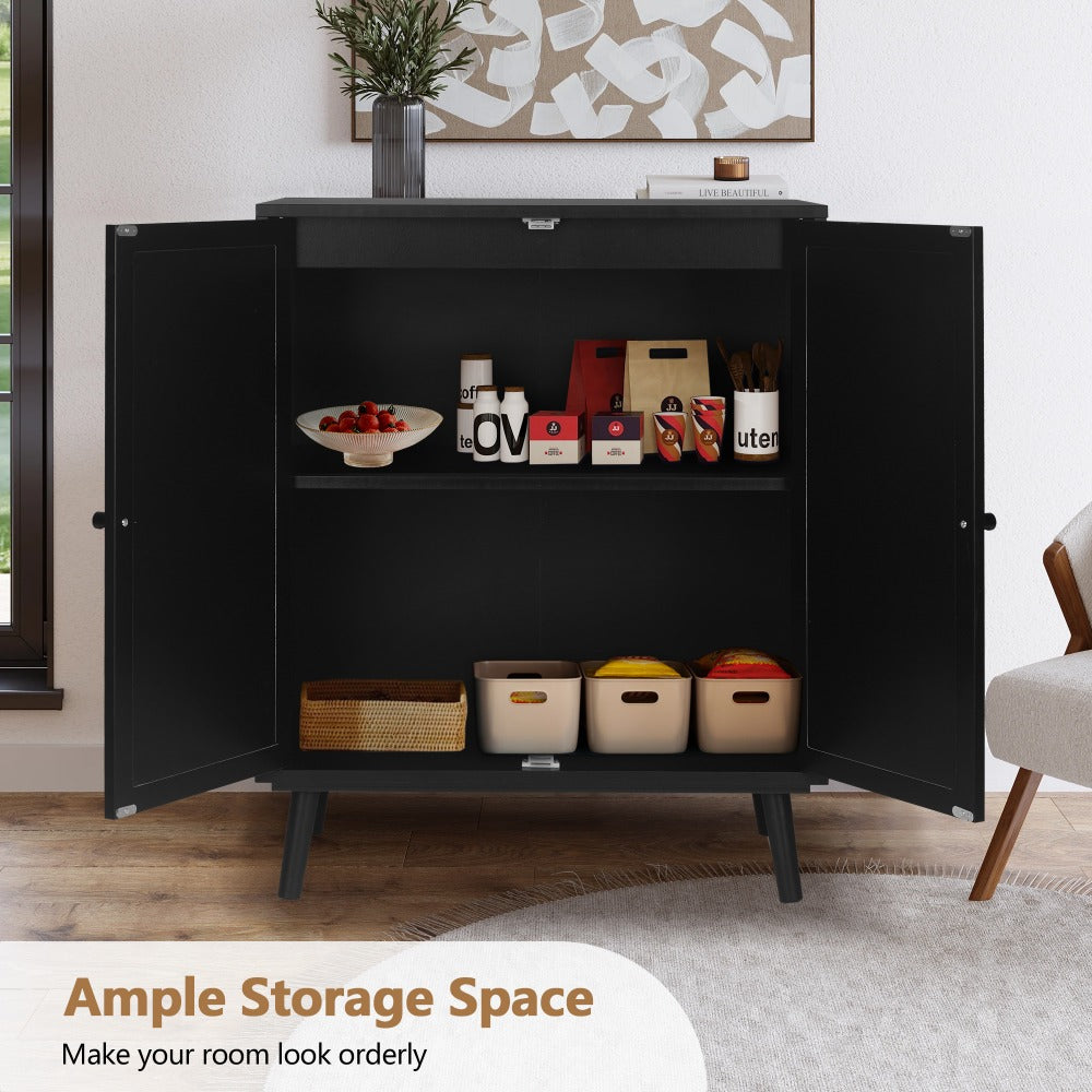 Wooden Sideboard Cabinet Black with Handmade Rattan Doors