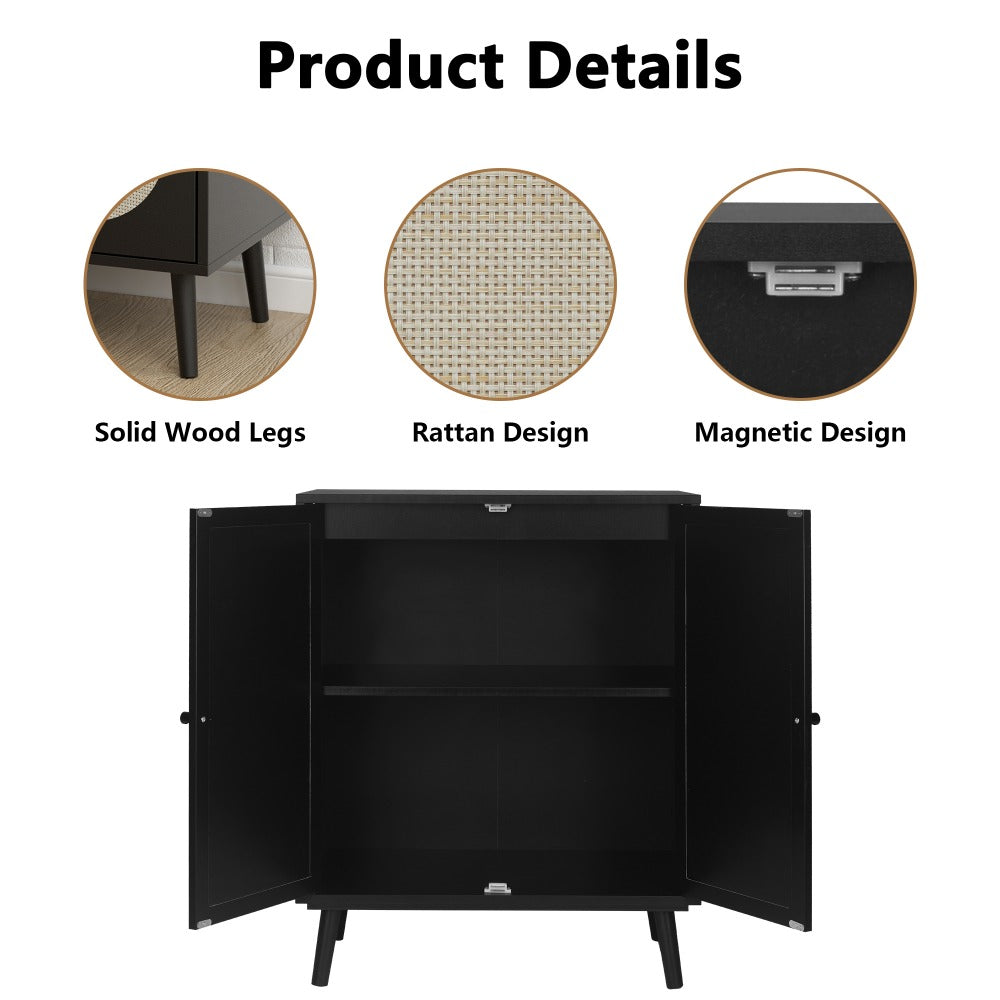 Wooden Sideboard Cabinet Black with Handmade Rattan Doors
