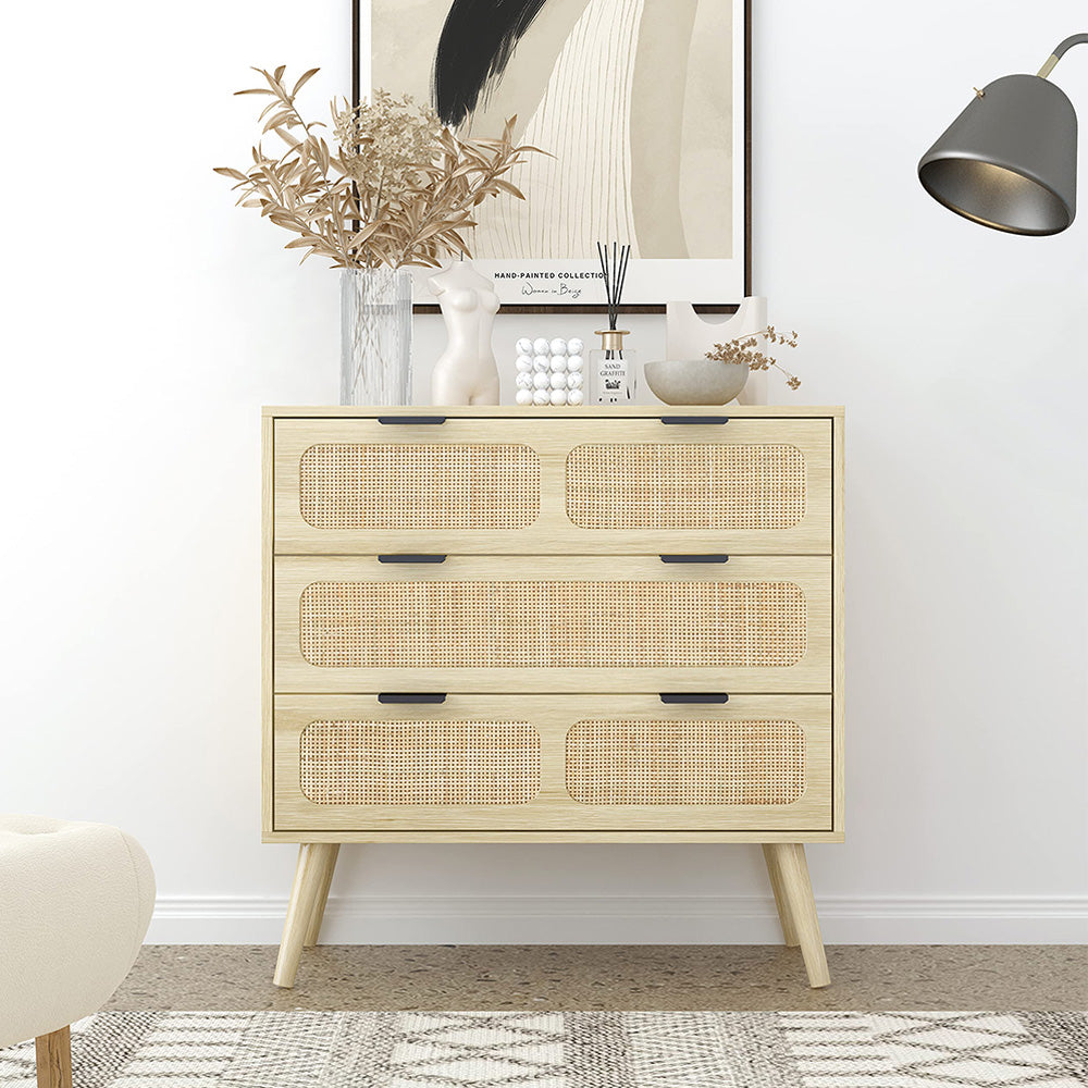 Modern Rattan Dresser Table Storage Cabinet with Wide Drawers and Meta Modern Rattan Dresser Table Storage Cabinet with Wide Drawers and Meta