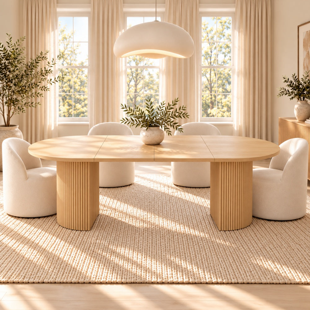 Natural 41–78″ Extendable Round-to-Oval Dining Table for 4–8 with Fluted Pedestal Base