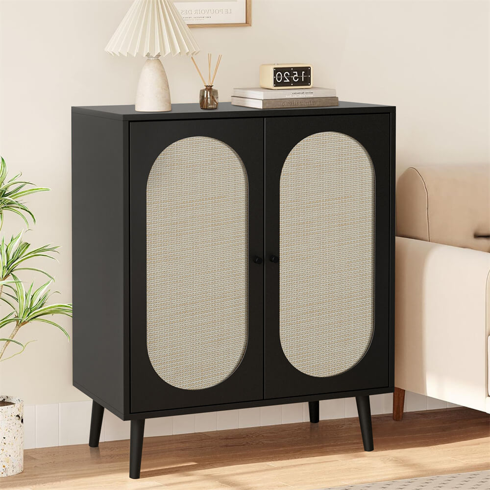 Wooden Sideboard Cabinet Black with Handmade Rattan Doors