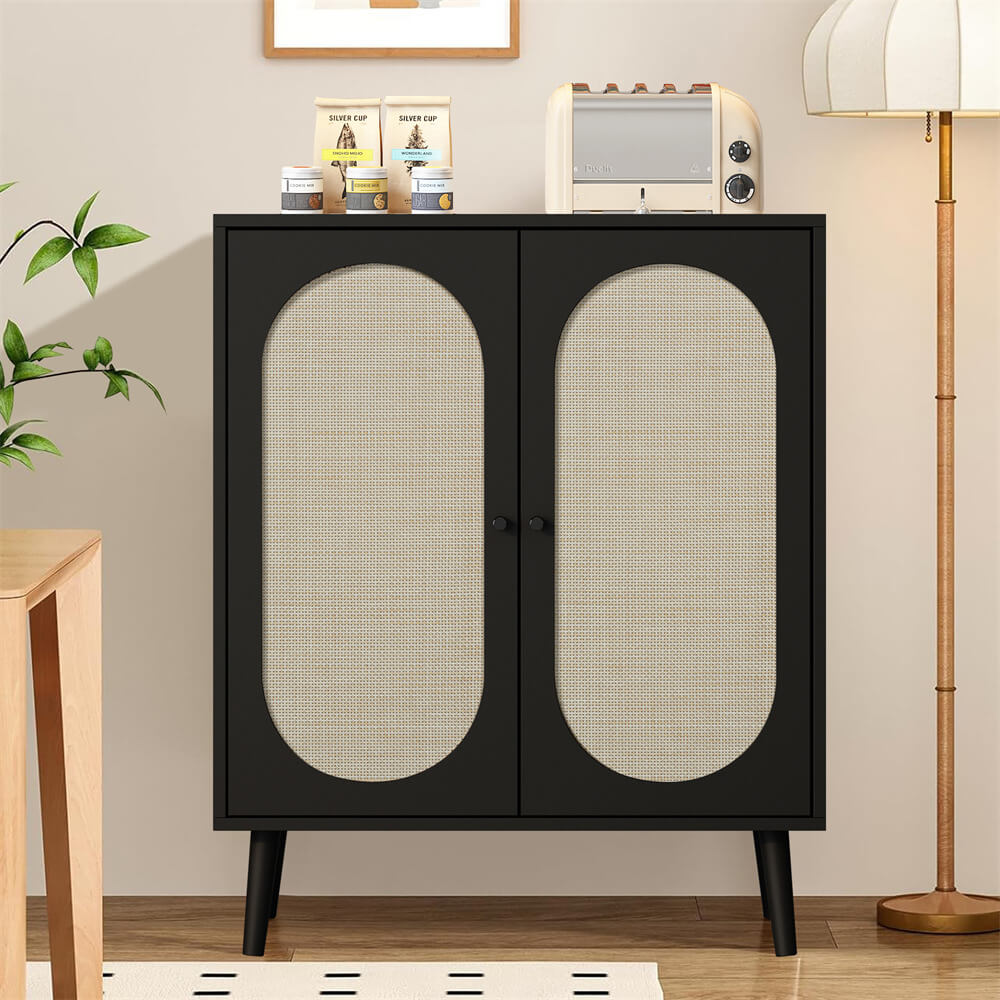 Wooden Sideboard Cabinet Black with Handmade Rattan Doors