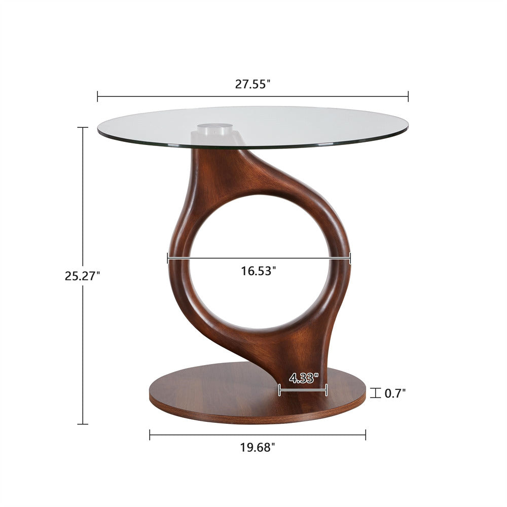 Wooden side table with glass top and dimensions labeled
