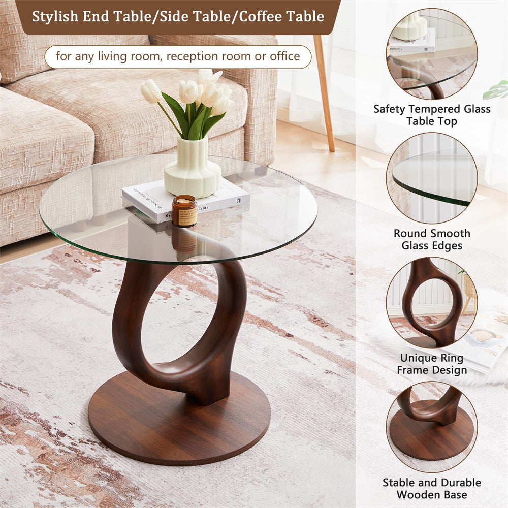 Glass top side table with wooden base in a living room setting, featuring safety tempered glass, round smooth edges, unique ring frame design, and stable wooden base.