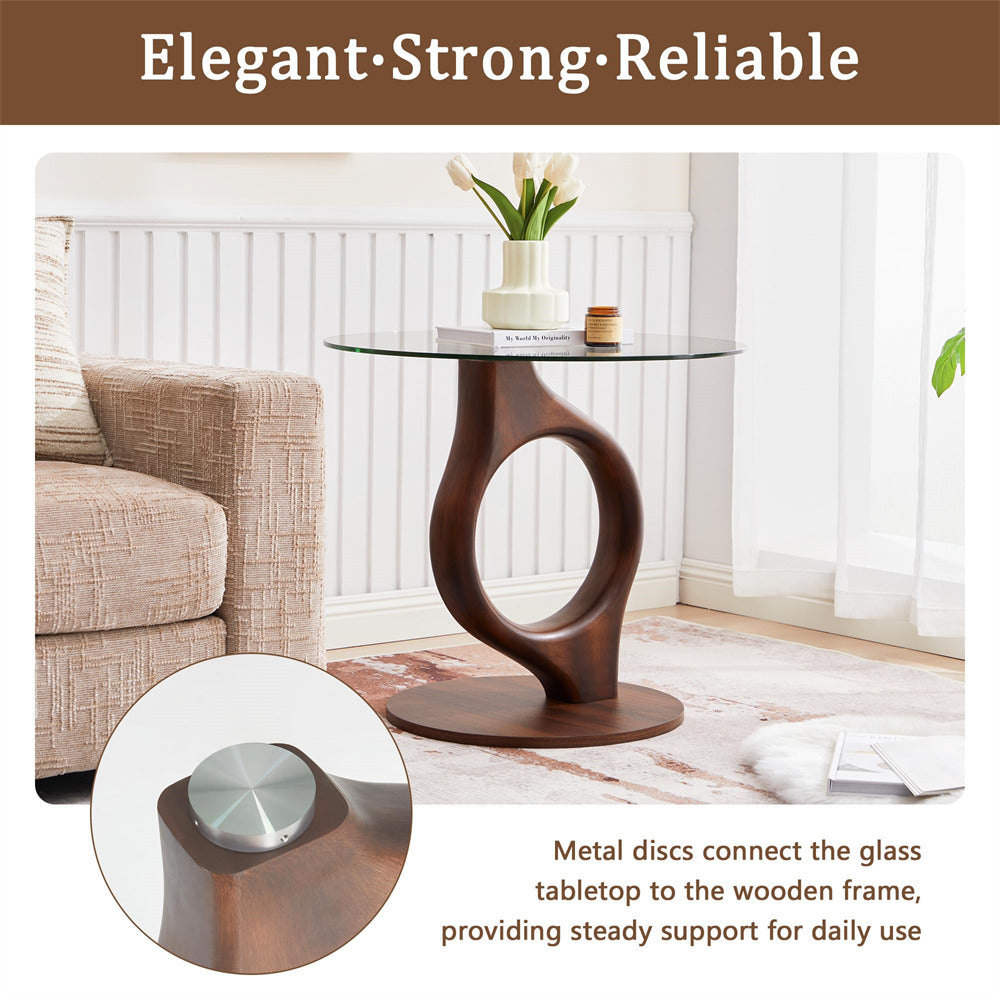 Wooden side table with glass top in a living room setting, featuring metal disc connection detail.