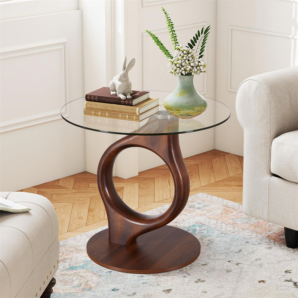 Glass side table with wooden base in a living room setting