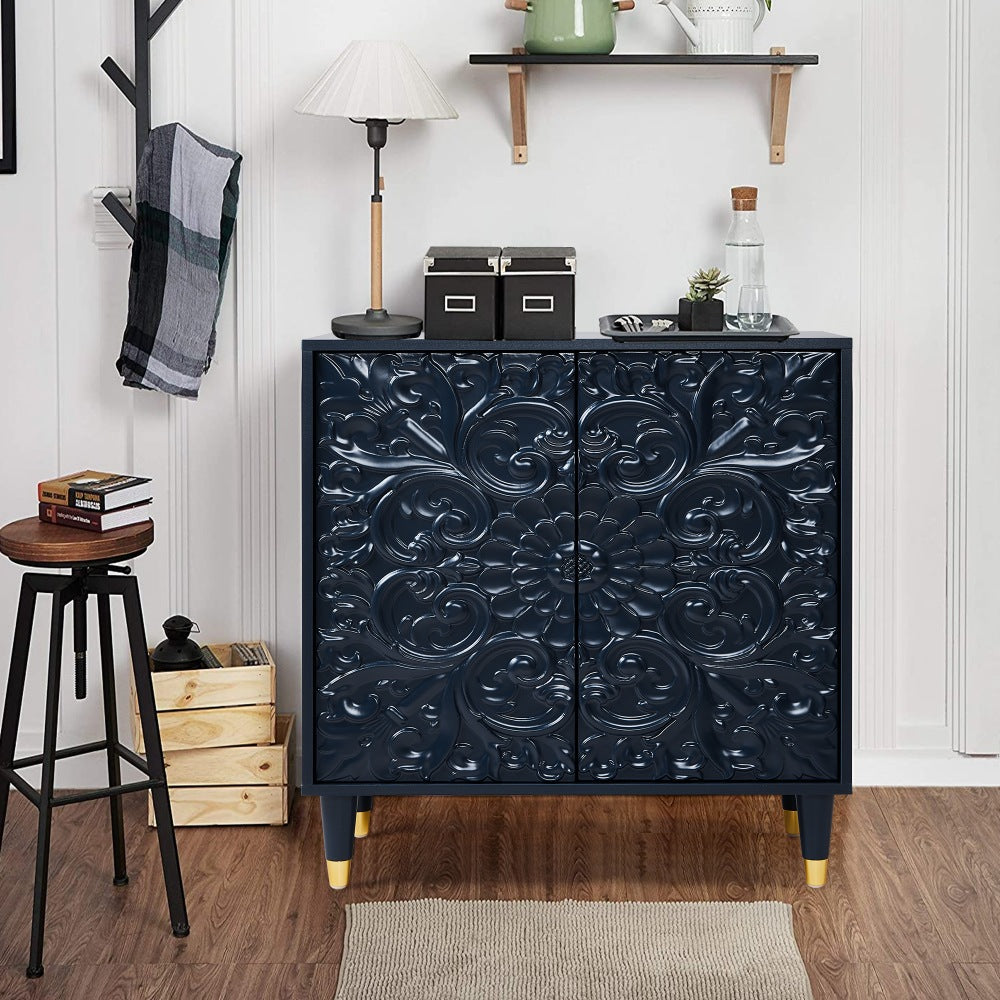 Blue Modern Wooden Storage Buffet Sideboard Cabinet with Engraved Design and Double Doors