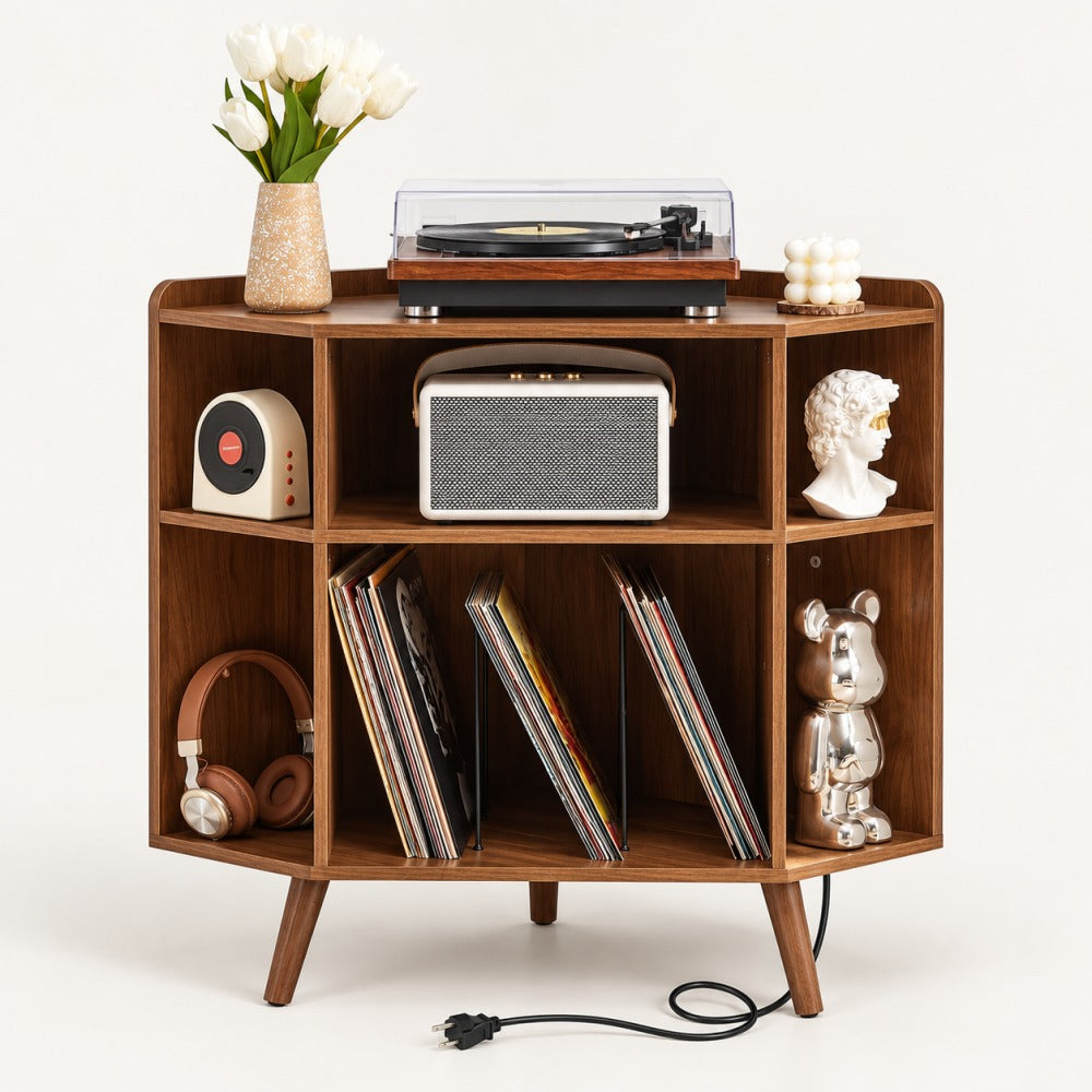 3-Tier Corner Record Player Stand with Charging Station, Holds 160 Records