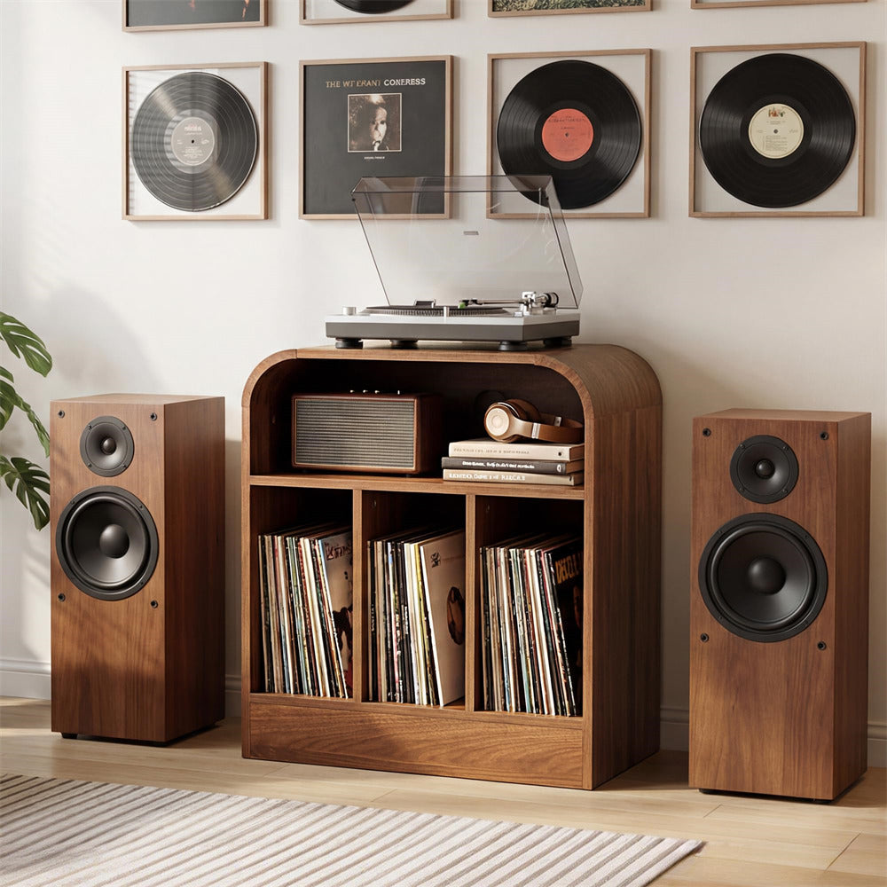 3-Tier Mid-Century Wood Curved Vinyl Record Player Stand with Storage up to 150 Albums