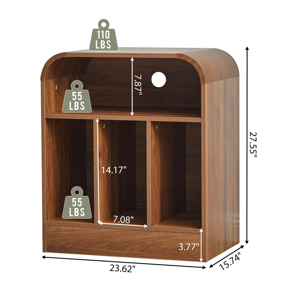 Wooden wall-mounted storage cabinet with three open shelves, shown with overlaid weight and dimension labels on a white background.