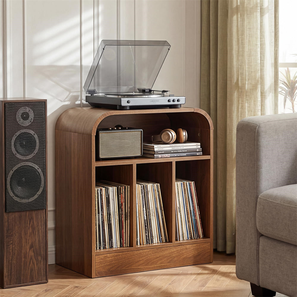 3-Tier Mid-Century Wood Curved Vinyl Record Player Stand with Storage up to 150 Albums
