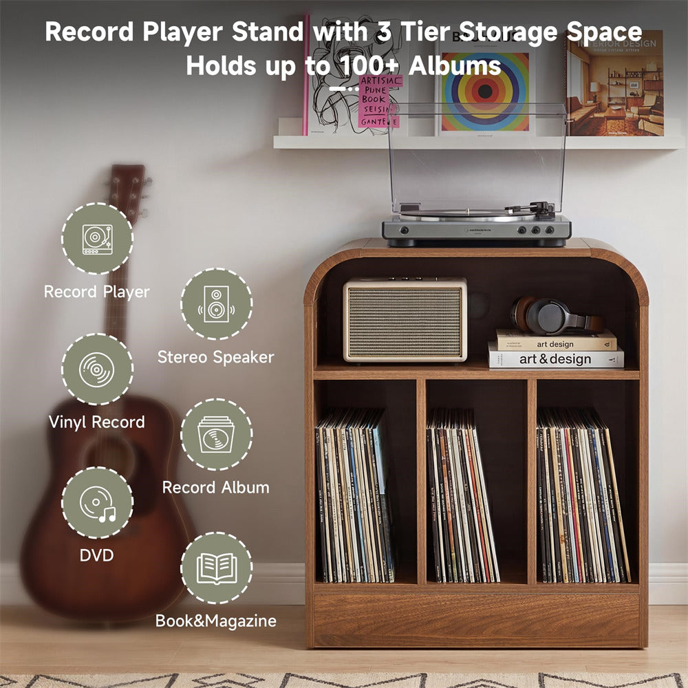 A wooden record player stand with three tiers of storage shelves, shown holding vinyl records, a radio, books, and a turntable. The image includes text overlays describing the stand's capacity and features, along with icons for included/storage items like a record player, vinyl record, DVD, stereo speaker, record album, and book/magazine.