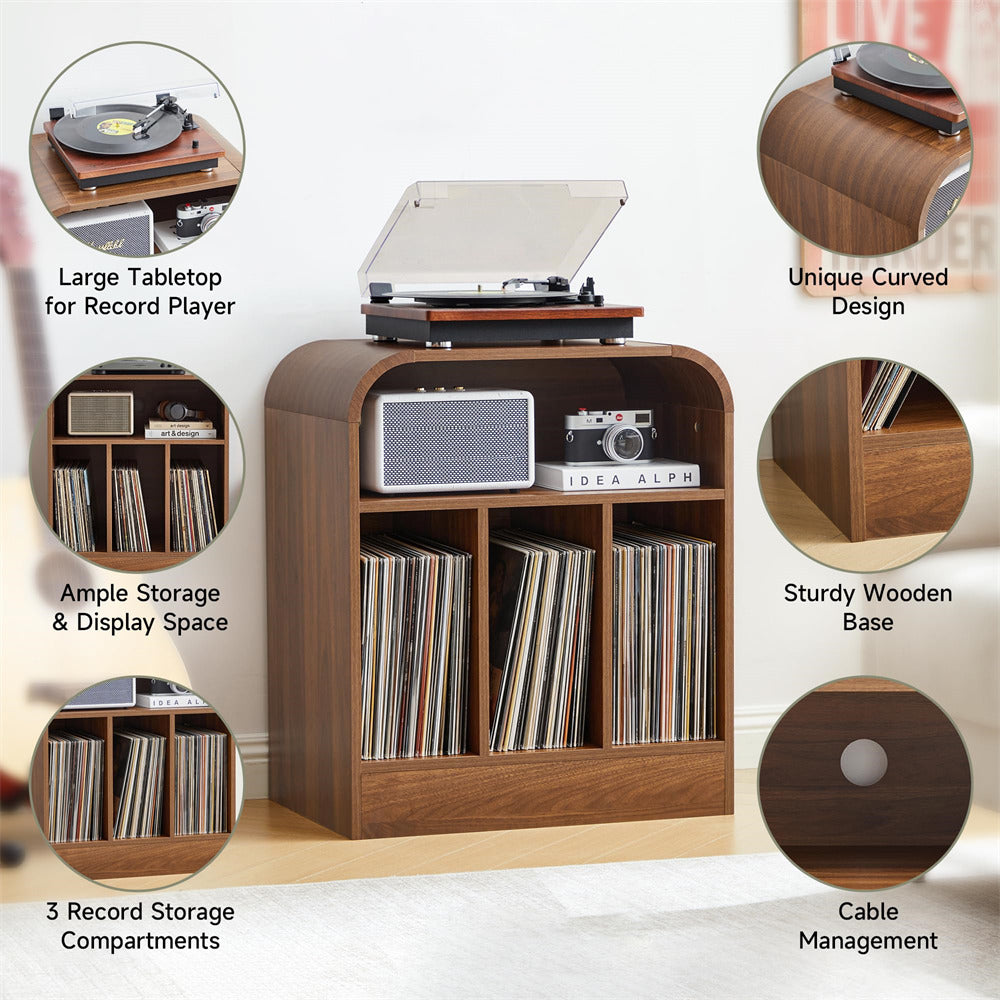 A wooden record player console with integrated storage compartments, shown with a vinyl record on top, a radio, and cameras in the shelves. The image includes six circular callout insets highlighting features such as the large tabletop, curved design, ample storage, sturdy wooden base, and cable management.