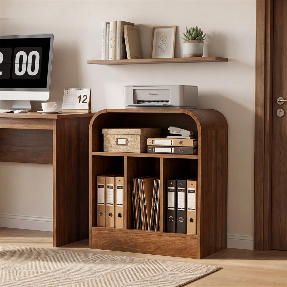 A walnut-finish wooden office organizer cabinet with arched top and cubby shelves, styled in a home office next to a desk and computer.